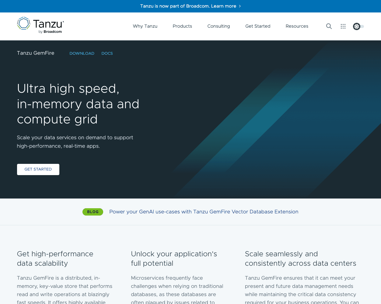 Screenshot of VMware Tanzu GemFire Website