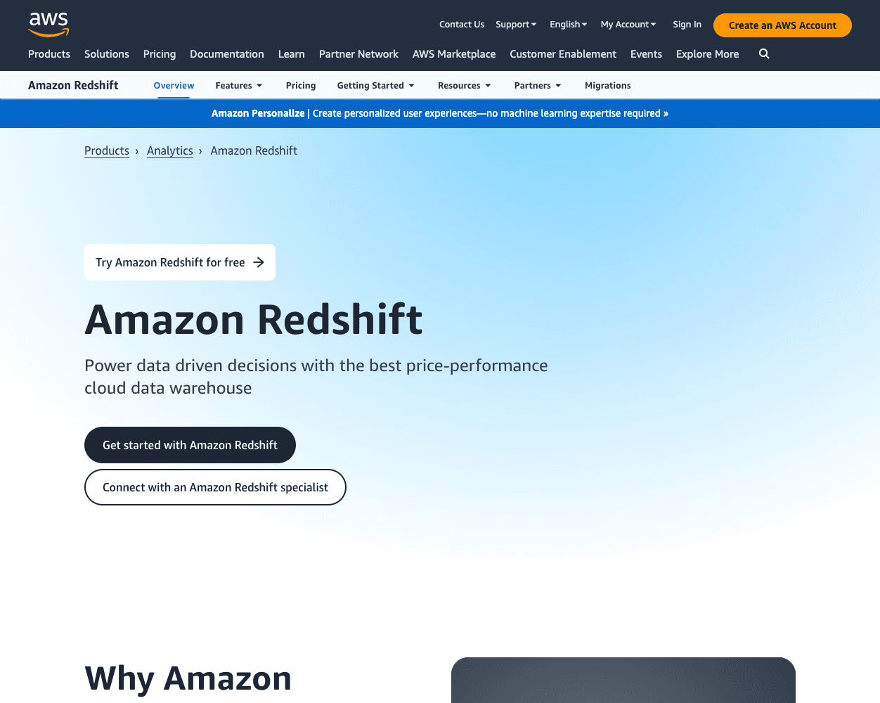 Screenshot of Amazon RedShift Website