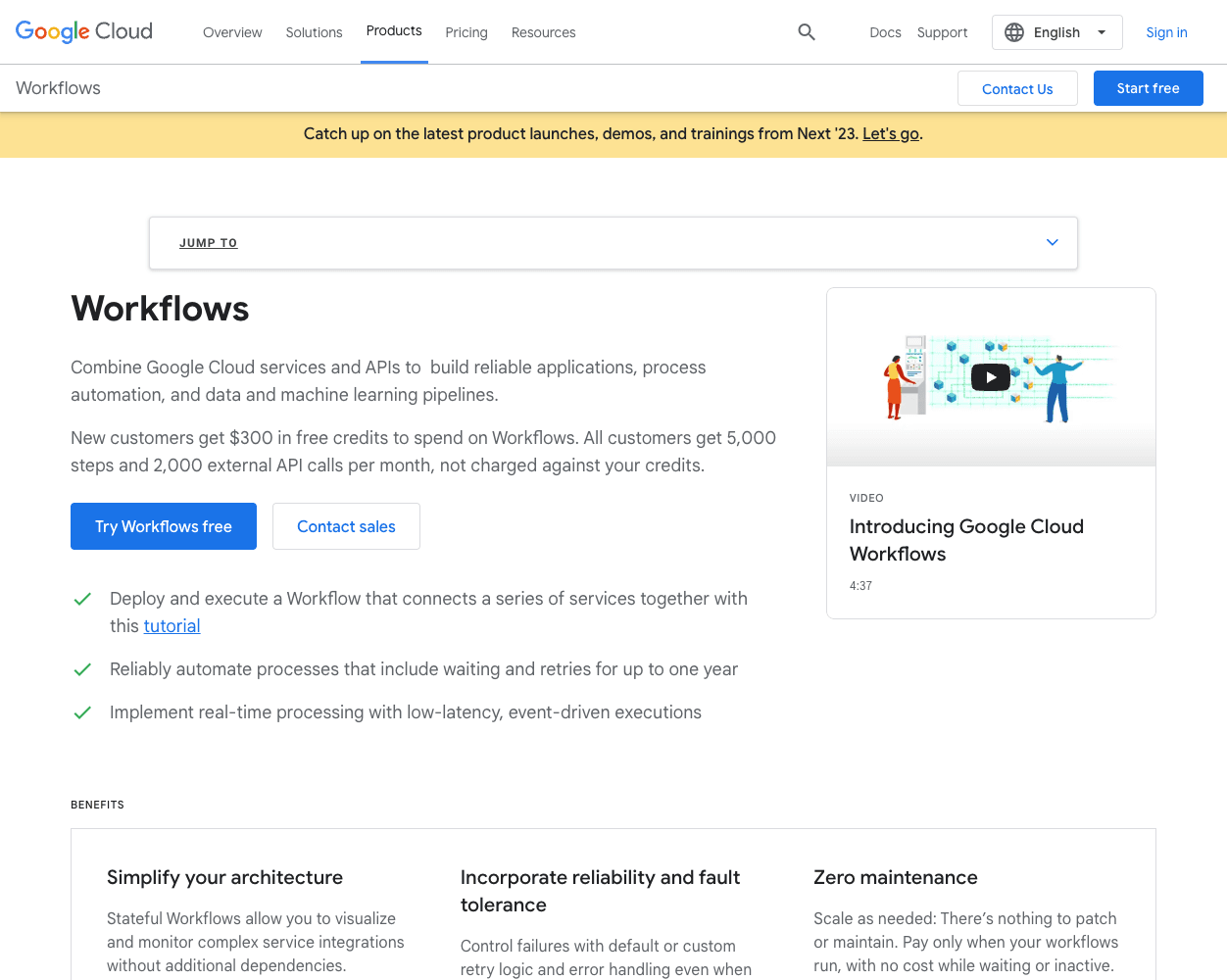 Screenshot of Google Cloud Workflows Website