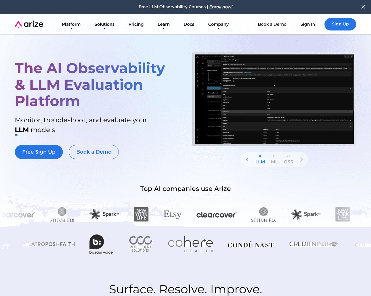 Screenshot of Arize AI Website