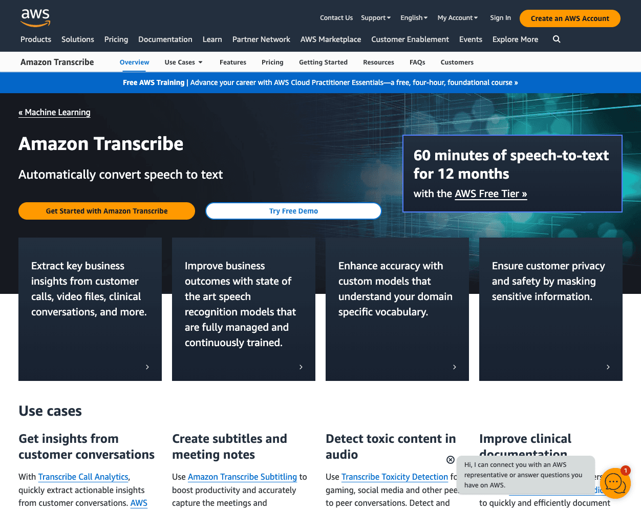 Screenshot of Amazon Transcribe Website