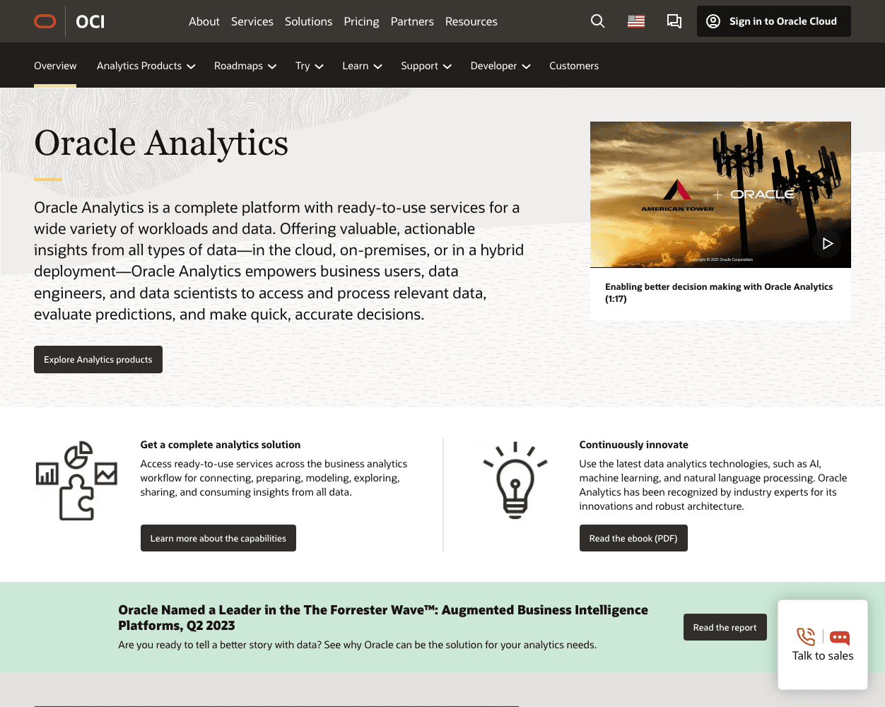 Screenshot of Oracle Analytics Website