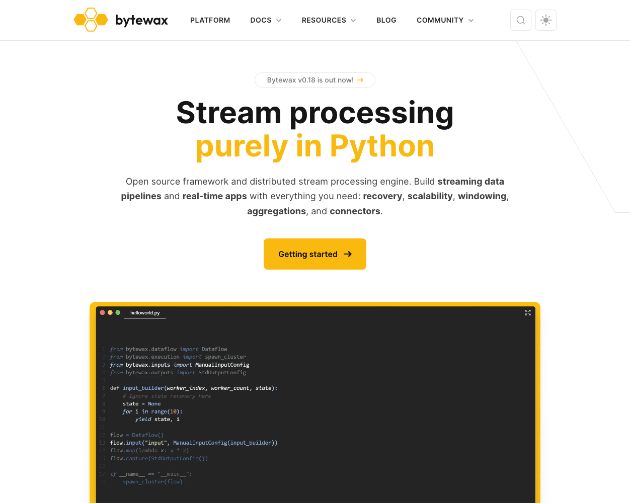 Screenshot of Bytewax Website