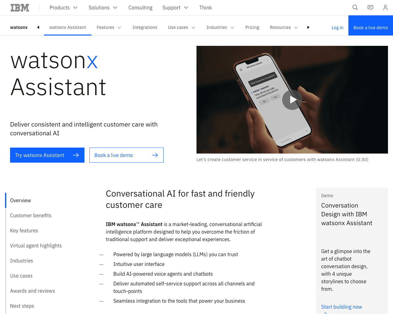 Screenshot of Watson Assistant Website