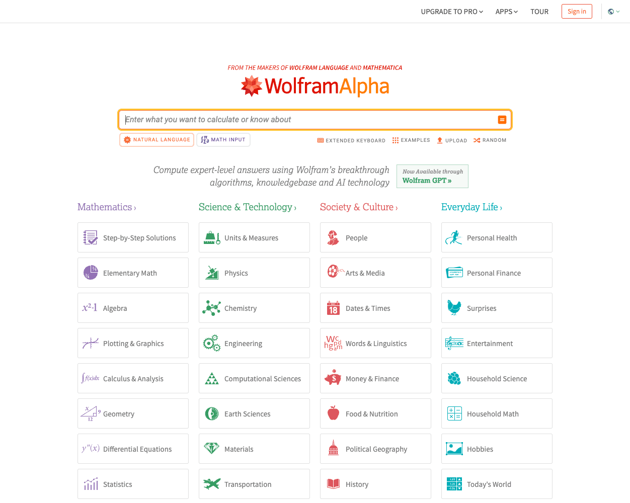 Screenshot of WolframAlpha Website