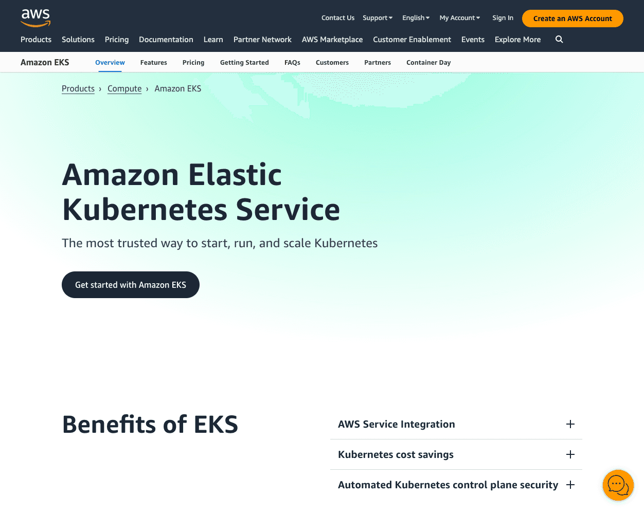 Screenshot of Amazon EKS Website