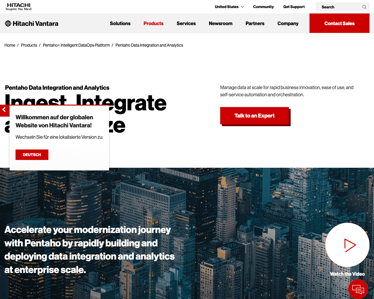 Screenshot of Hitachi Vantara Pentaho Website