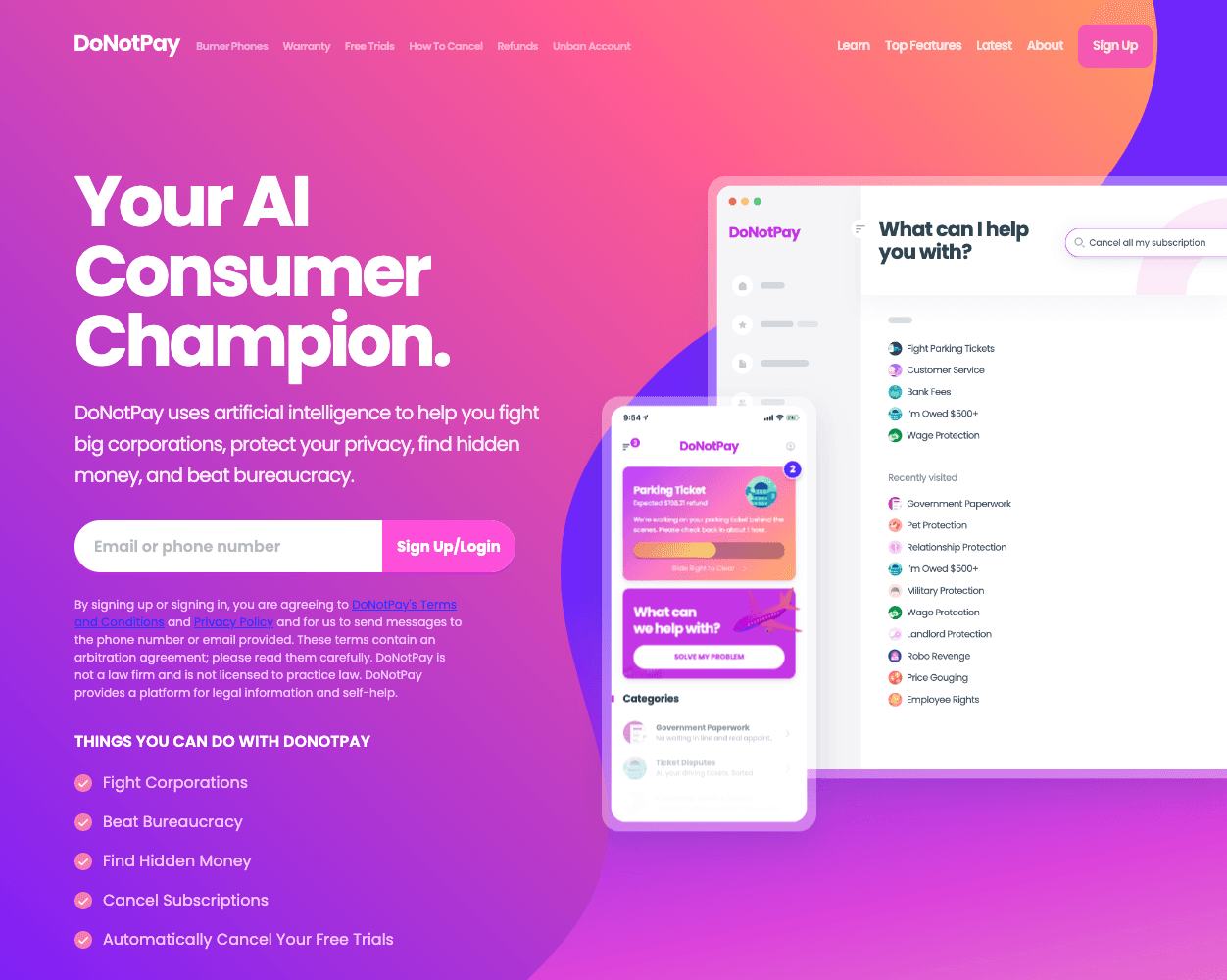 Screenshot of DoNotPay Website