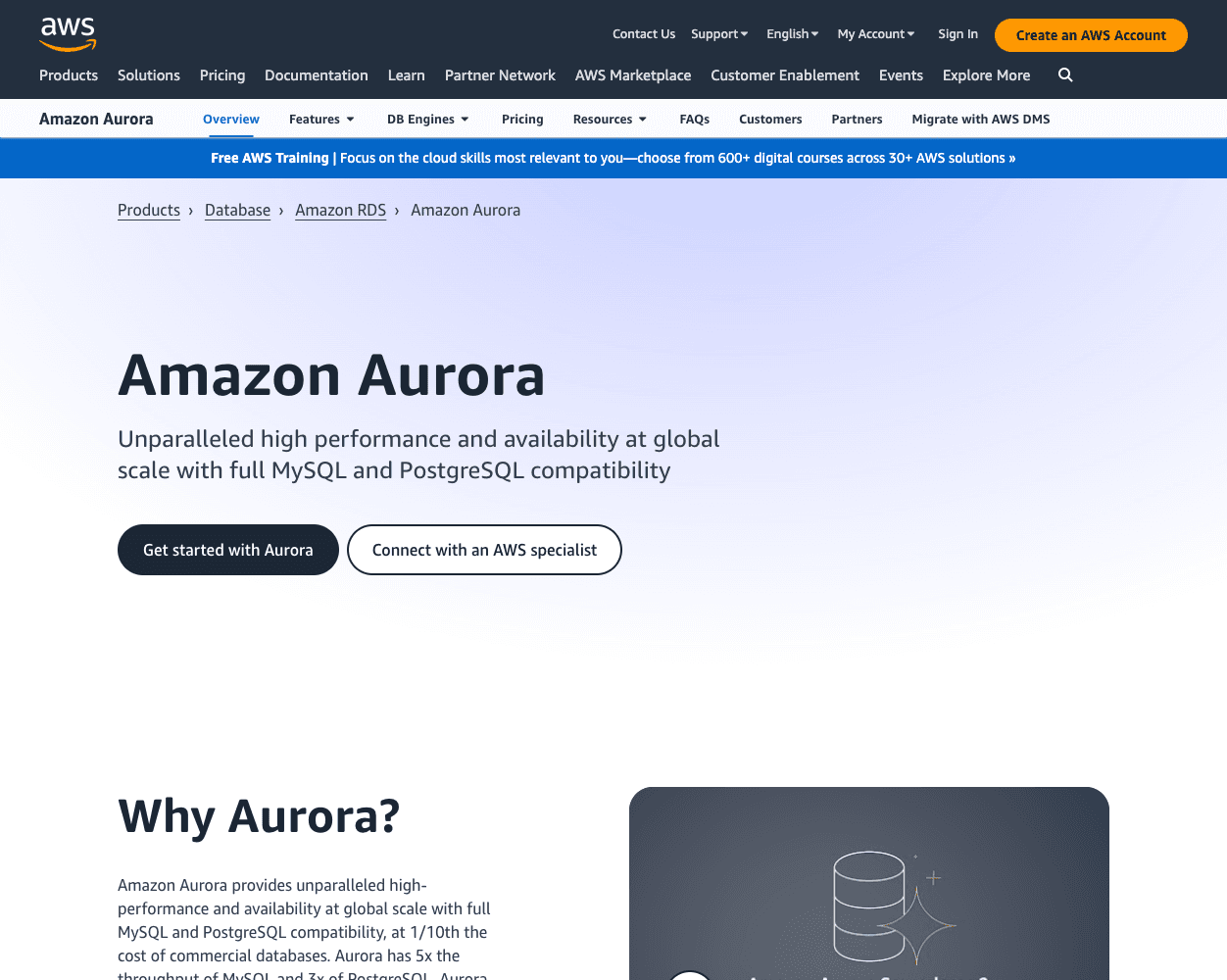 Screenshot of Amazon Aurora Website