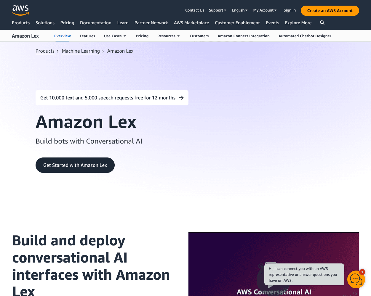 Screenshot of AWS Amazon Lex Website