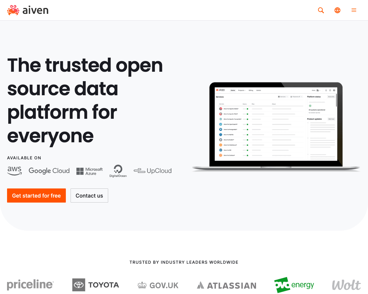 Screenshot of Aiven Website