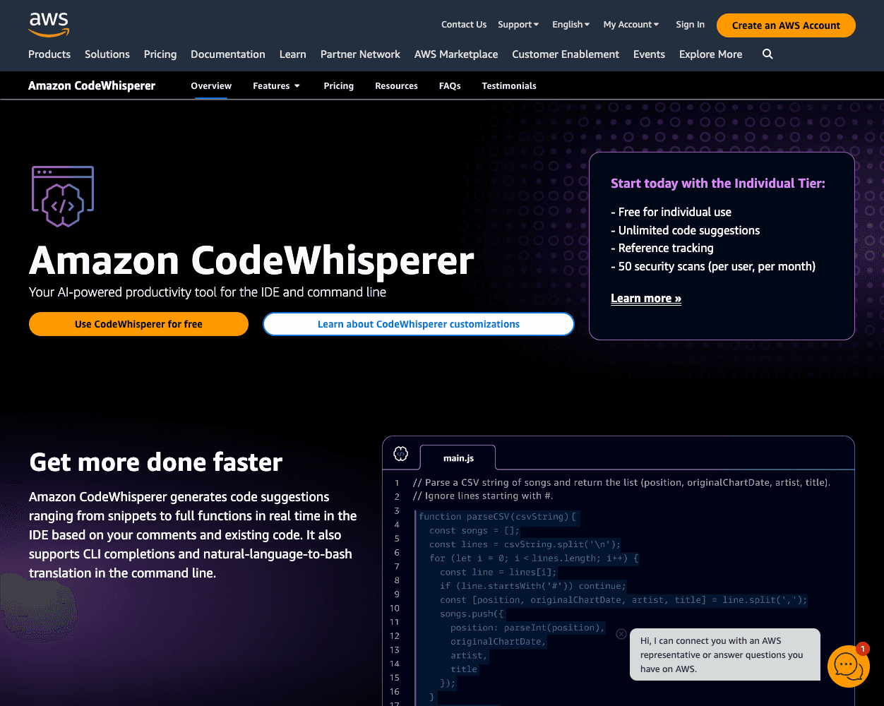 Screenshot of AWS CodeWhisperer Website