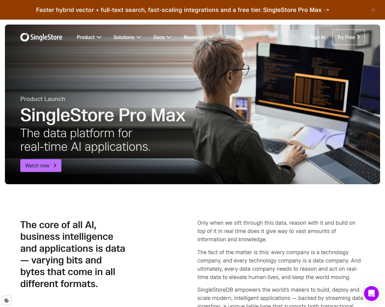 Screenshot of SingleStore Website