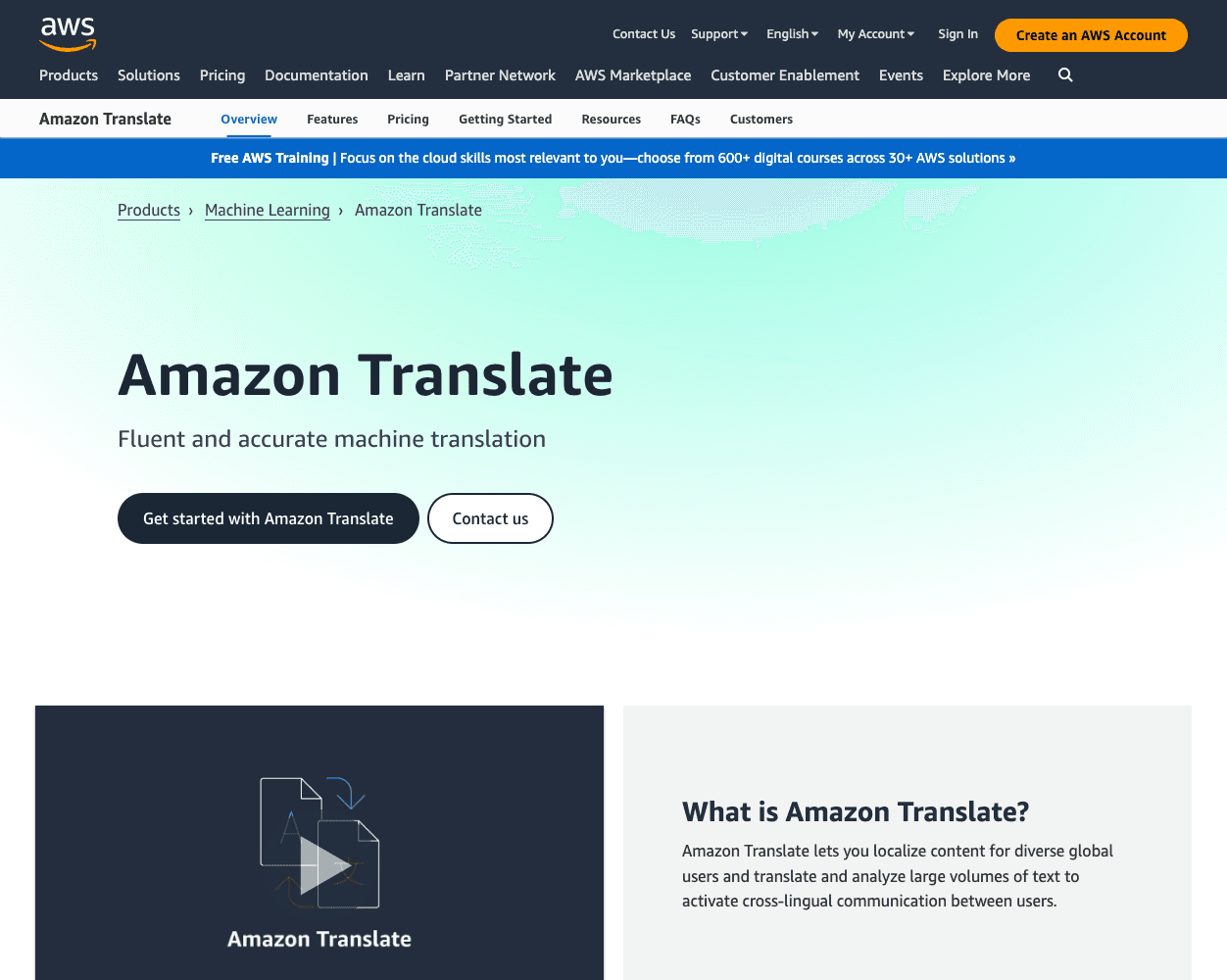 Screenshot of Amazon Translate Website