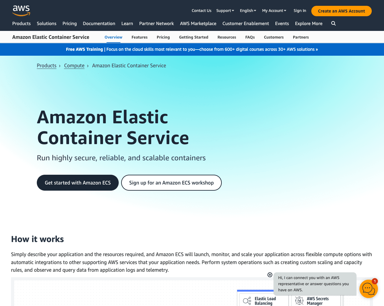 Screenshot of Amazon ECS Website