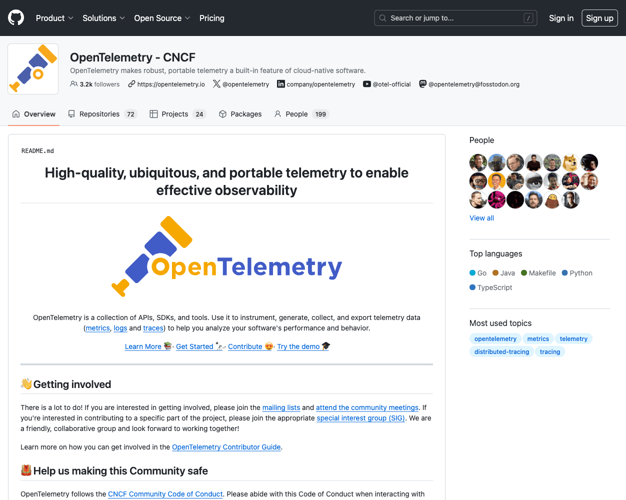 Screenshot of OpenTelemetry Website