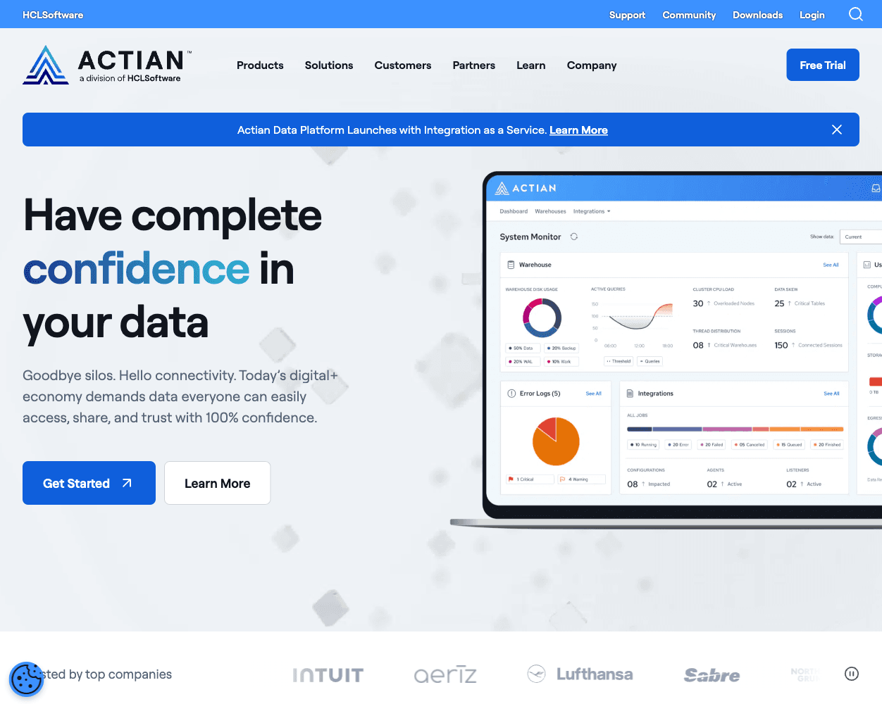 Screenshot of Actian Website