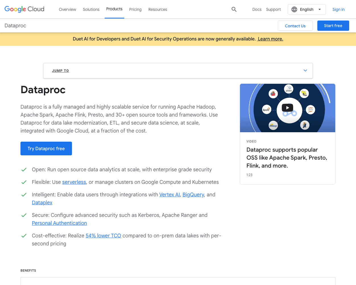 Screenshot of Google Cloud Dataproc Website