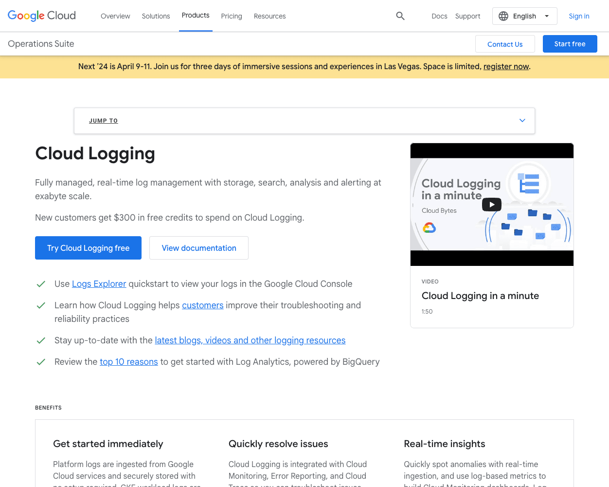 Screenshot of Google Cloud Logging Website