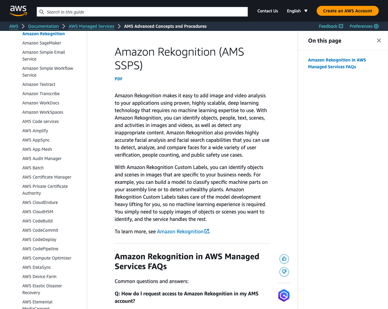 Screenshot of Amazon Rekognition Website