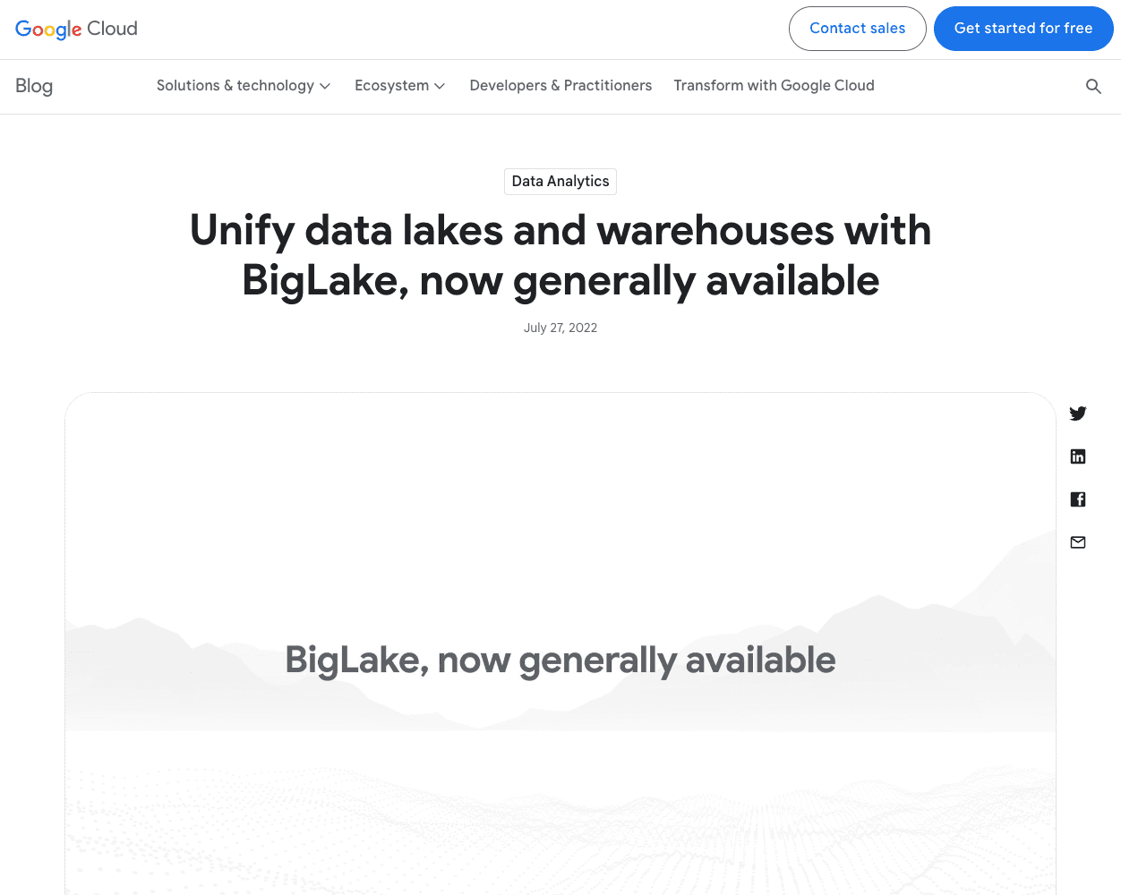 Screenshot of Google BigLake Website