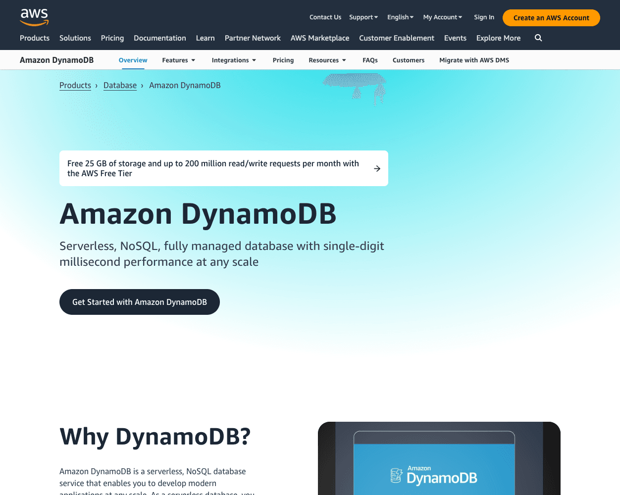 Screenshot of Amazon DynamoDB Website