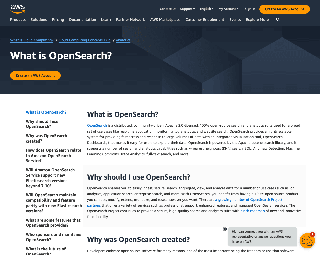 Screenshot of AWS OpenSearch Website