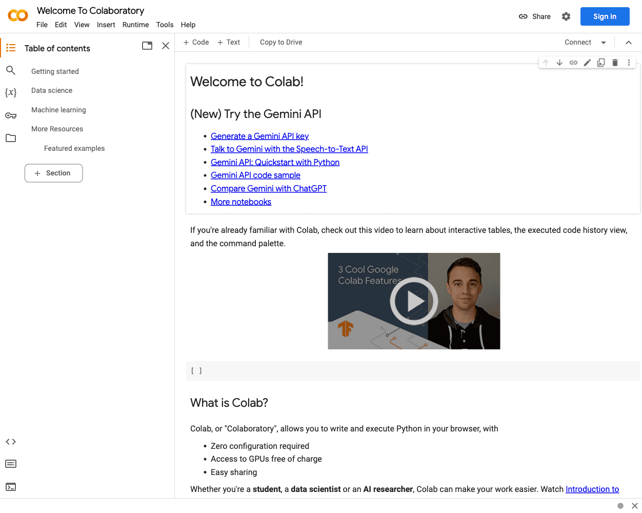 Screenshot of Google Colab Website