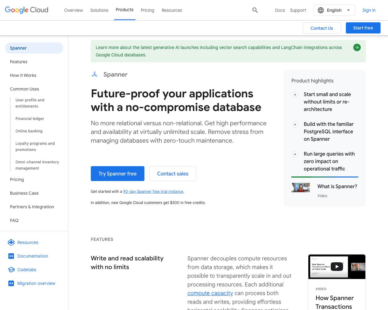 Screenshot of Google Cloud Spanner Website