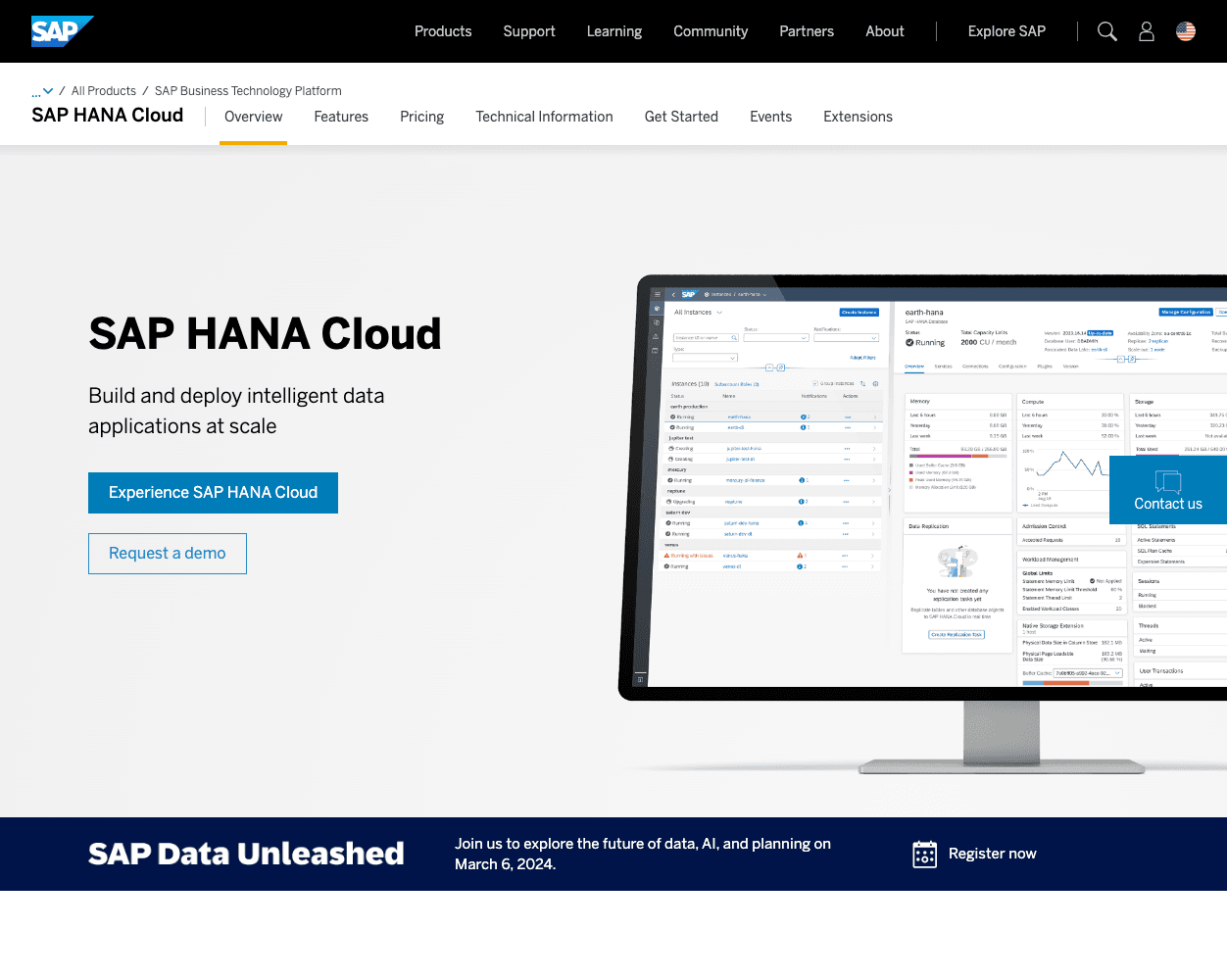 Screenshot of SAP HANA Website