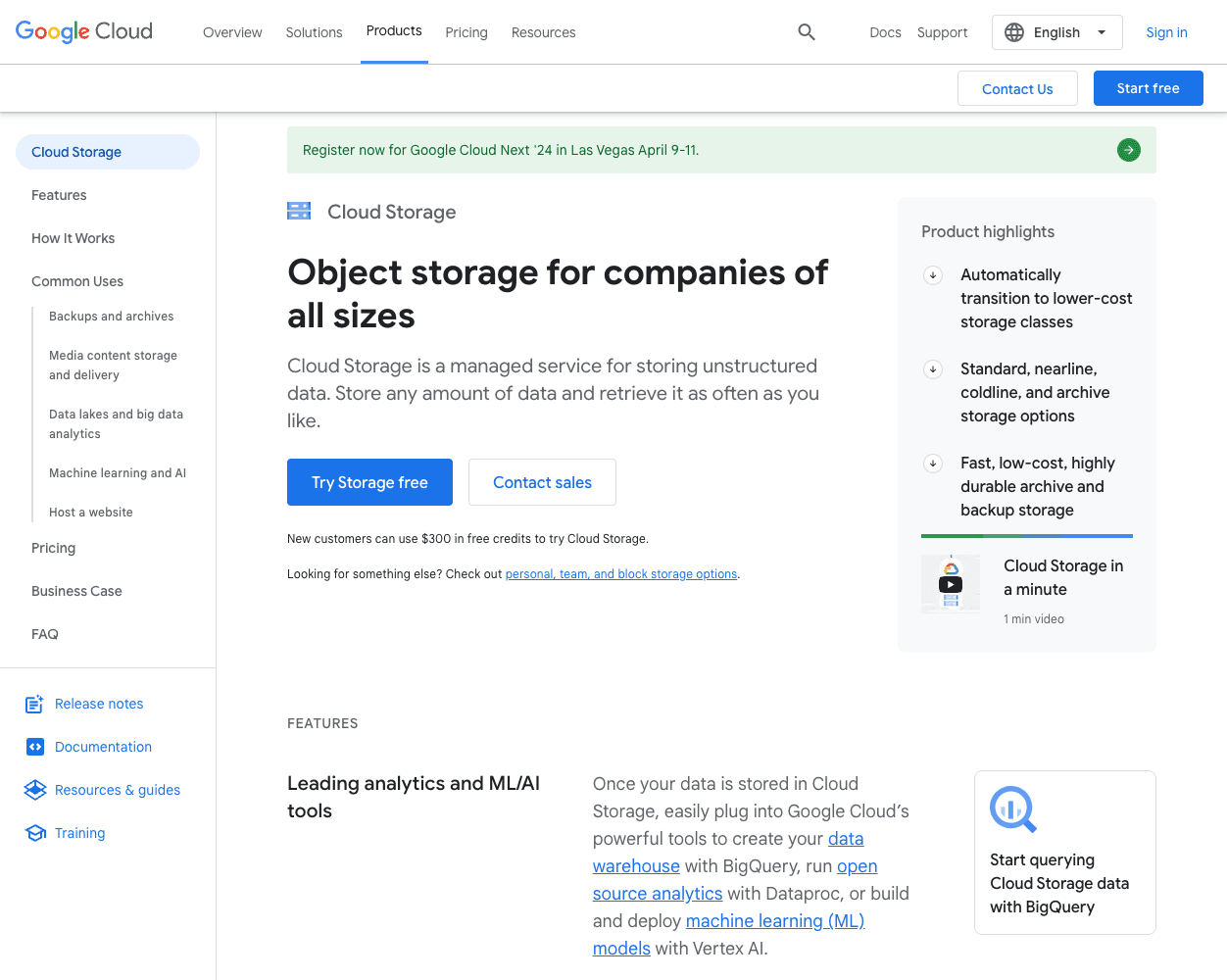 Screenshot of Google Cloud Storage Website