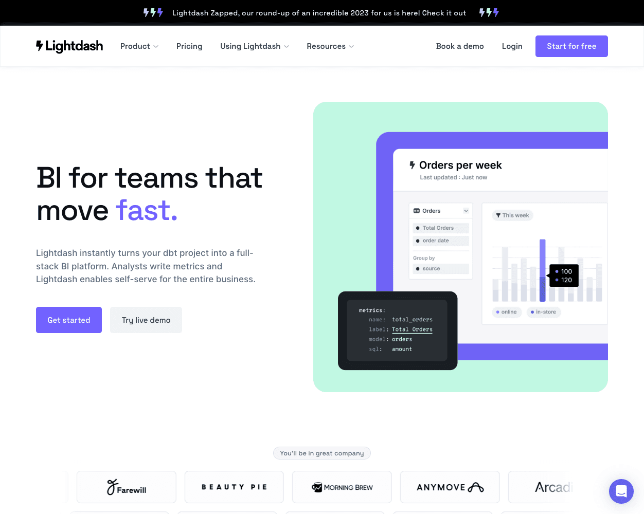 Screenshot of Lightdash Website