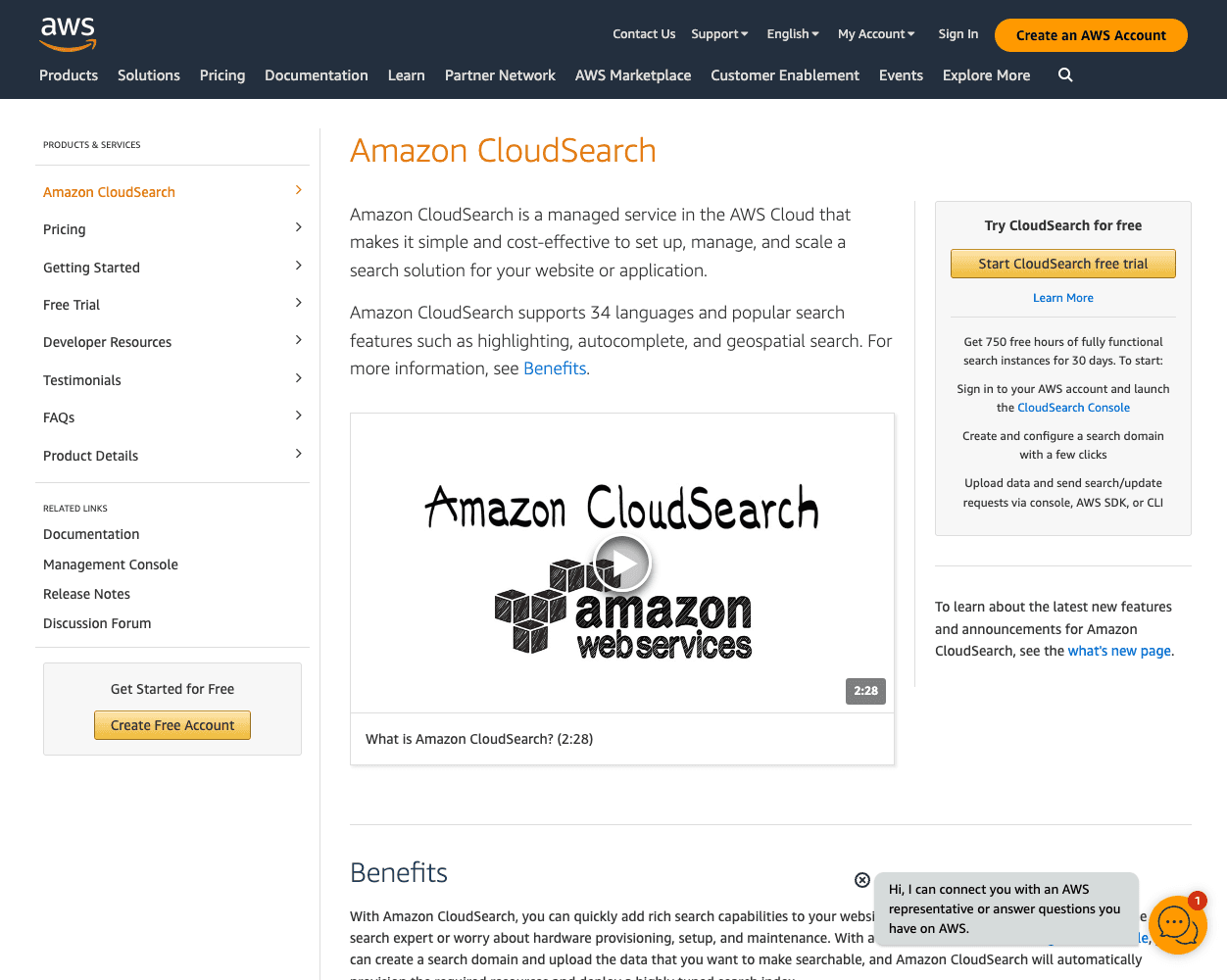 Screenshot of Amazon CloudSearch Website