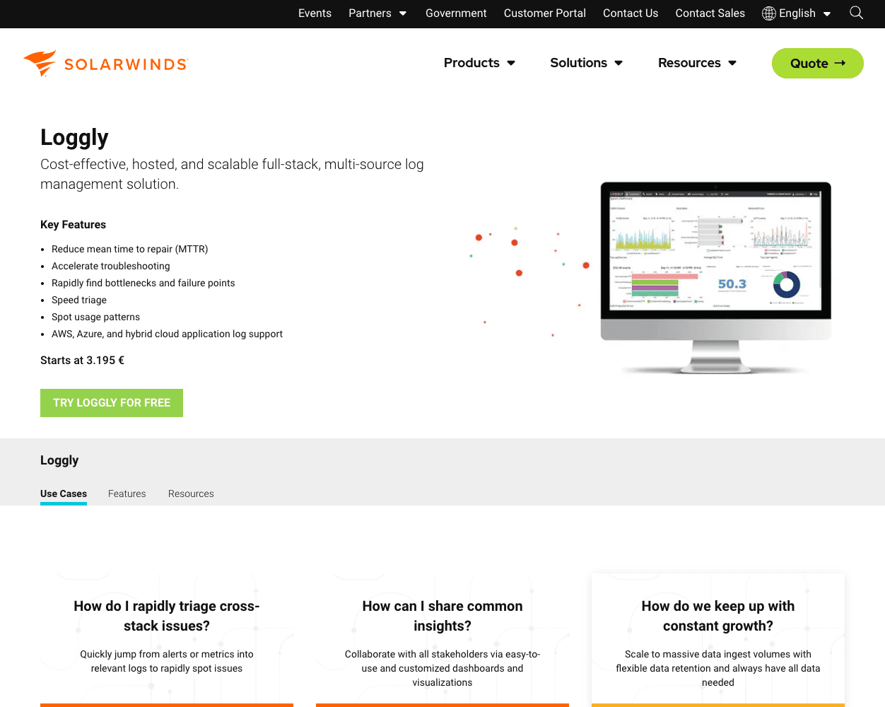 Screenshot of Solarwinds loggly Website