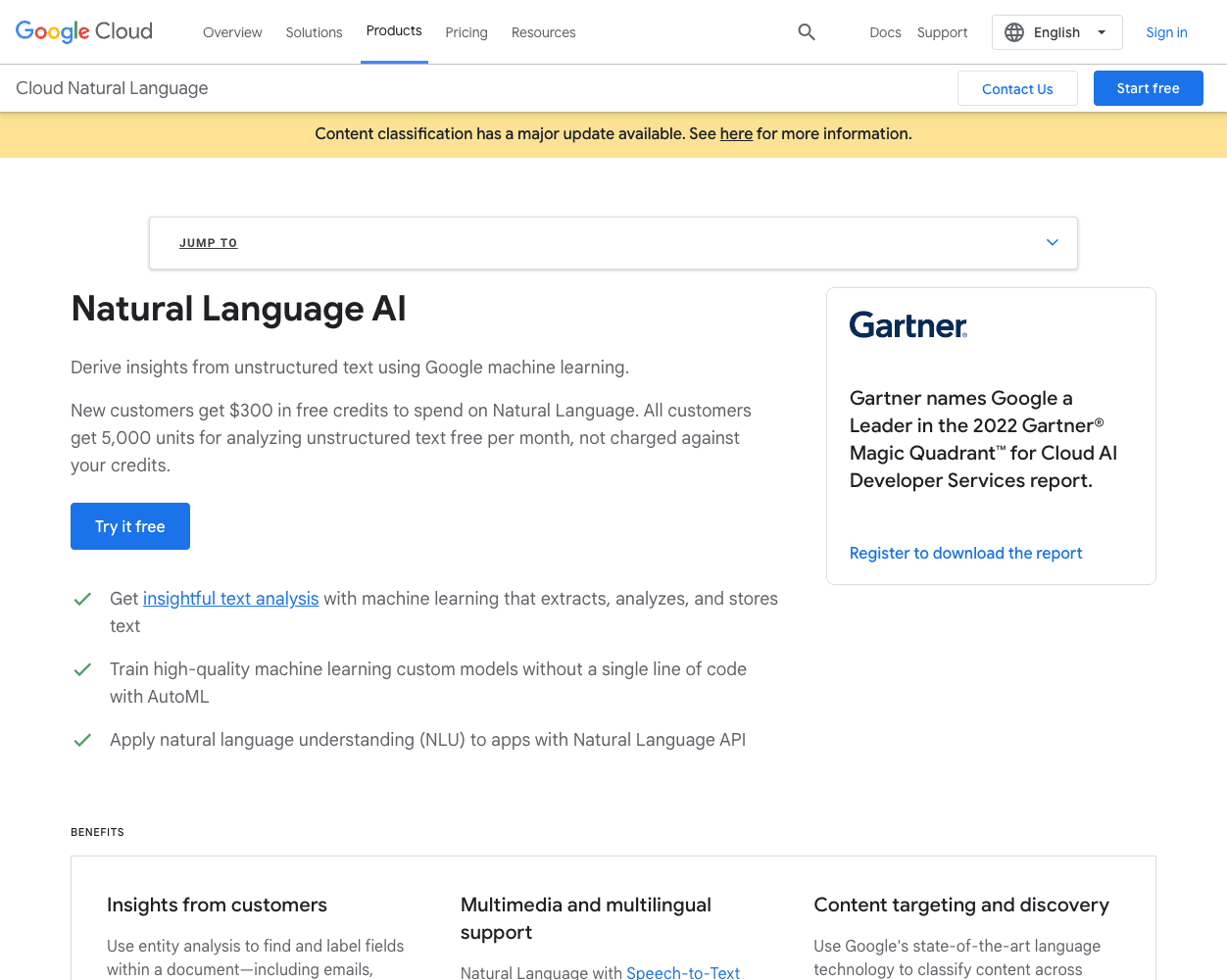 Screenshot of Google Natural Language AI Website