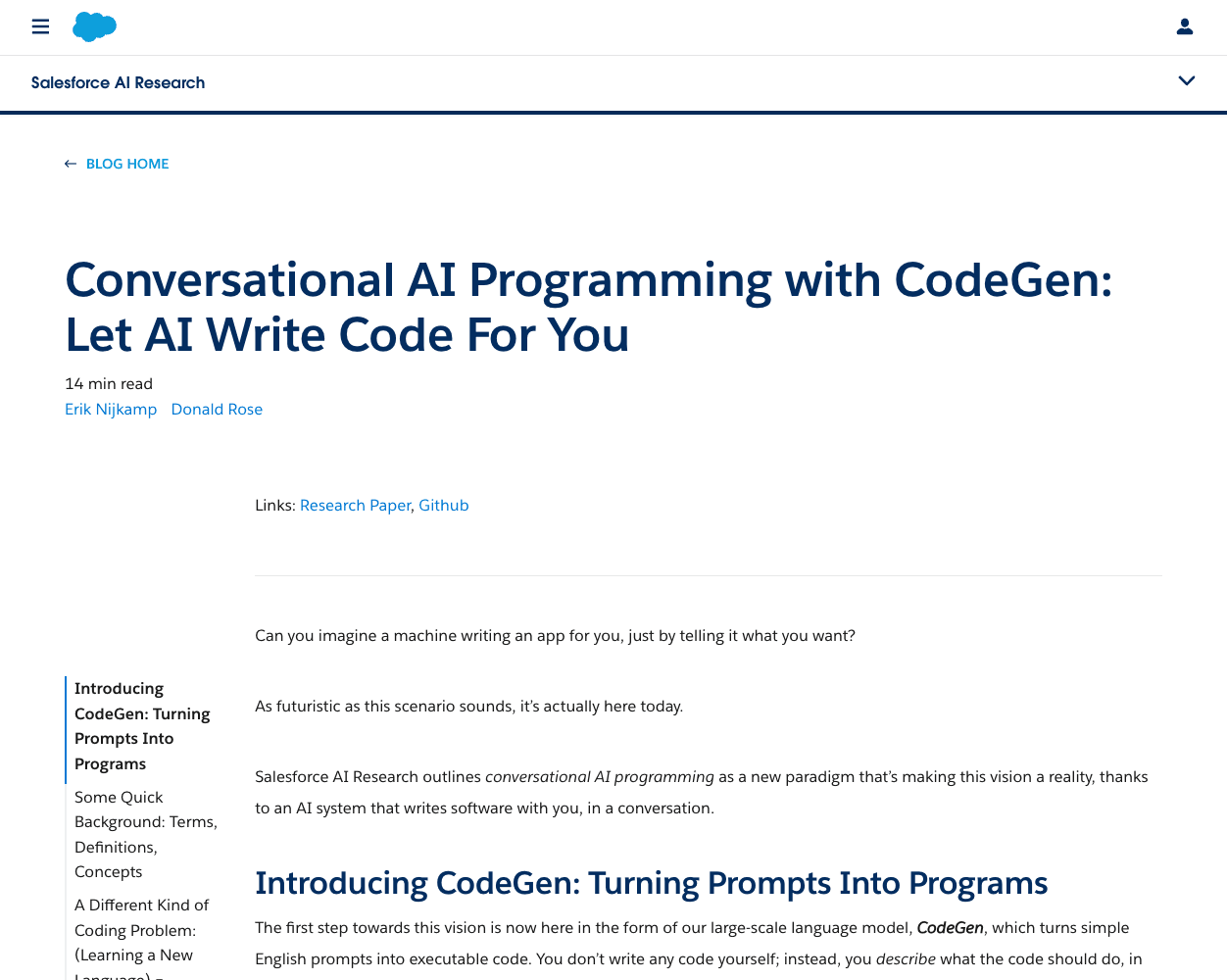 Screenshot of Salesforce CodeGen Website