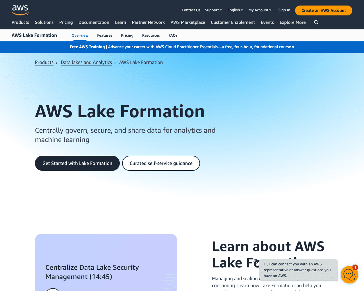 Screenshot of AWS Lake Formation Website