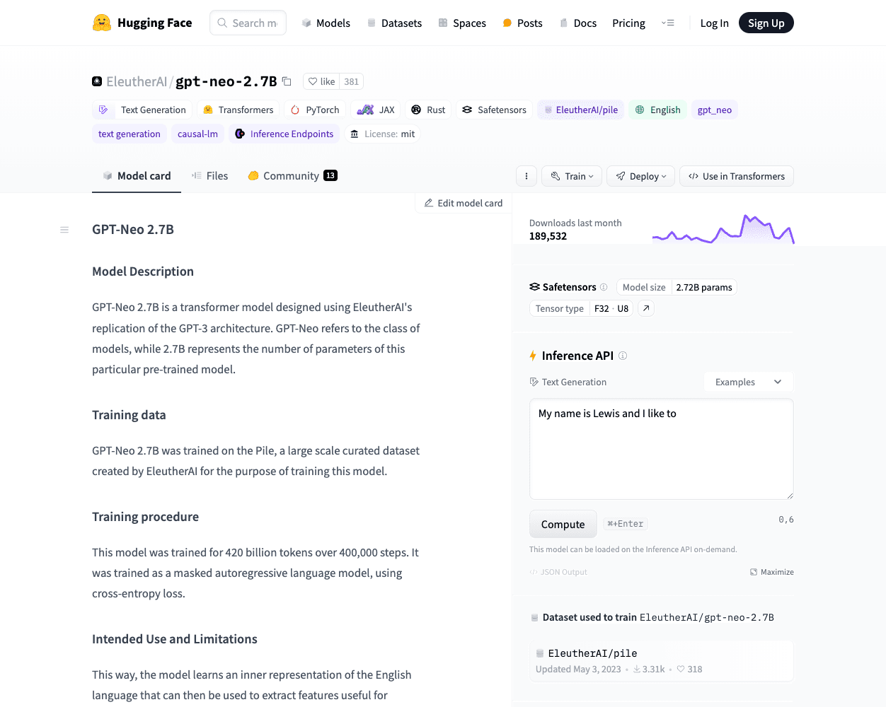 Screenshot of EleutherAI GPT-Neo-2.7B Website
