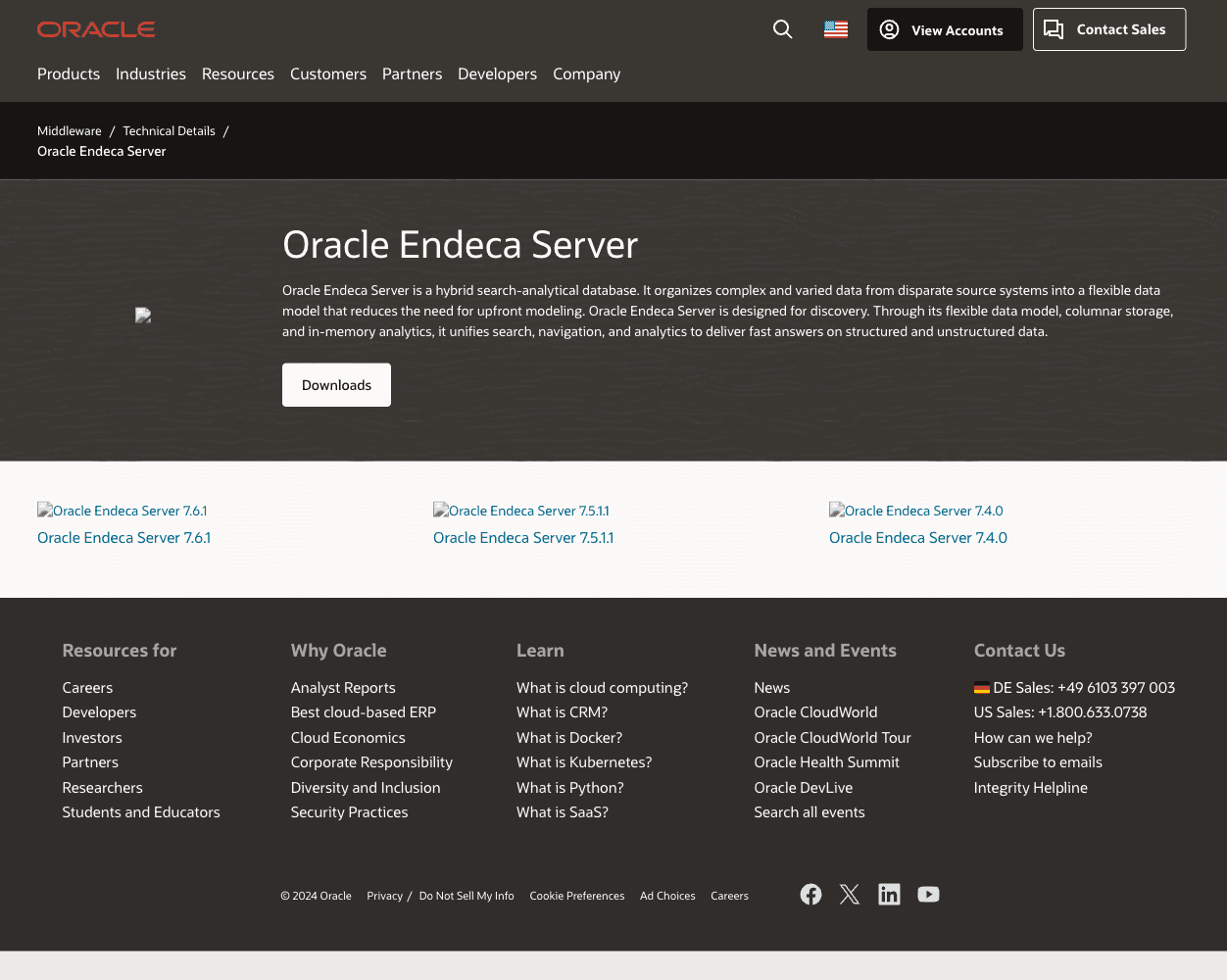 Screenshot of Oracle Endeca Website