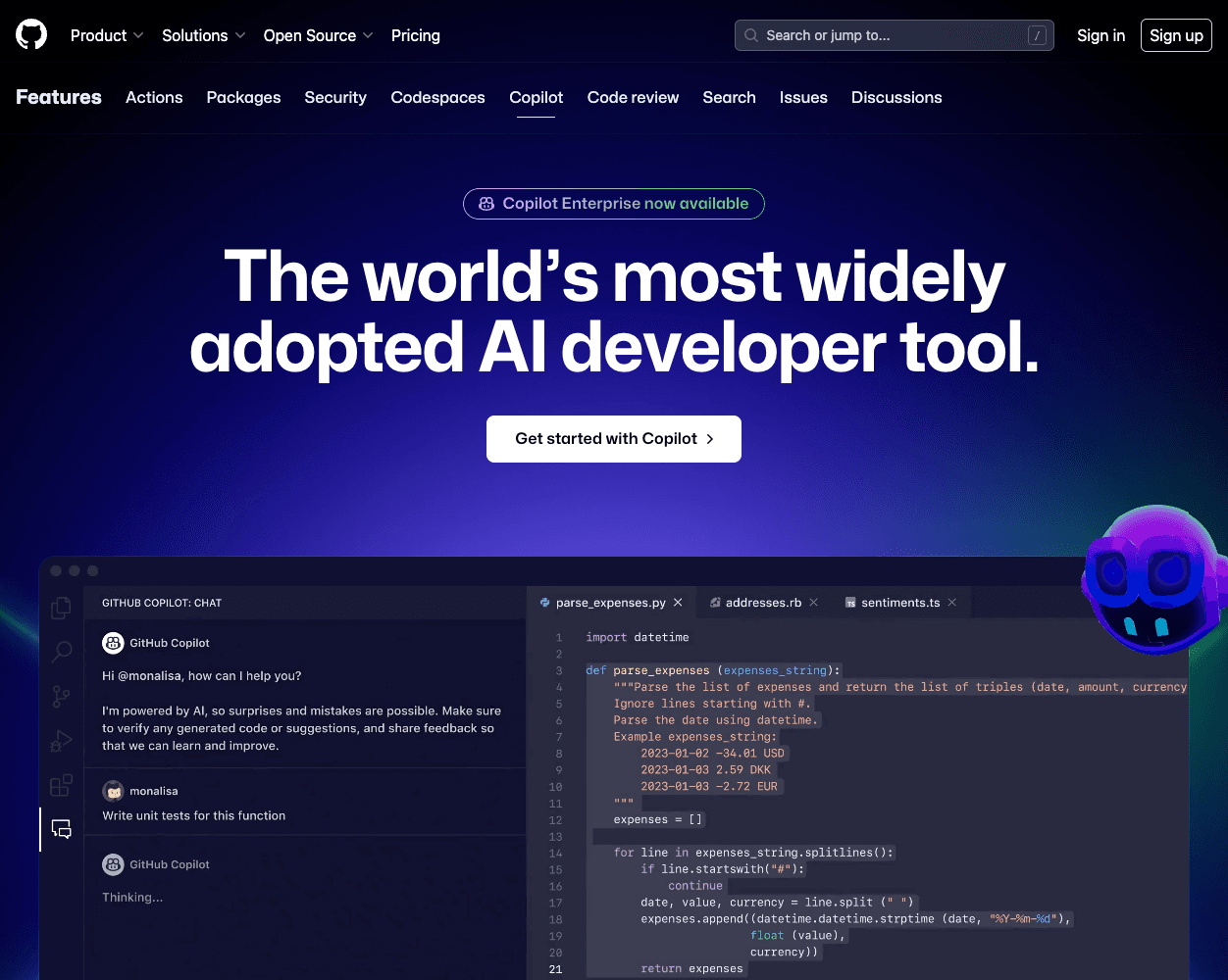 Screenshot of GitHub Copilot Website