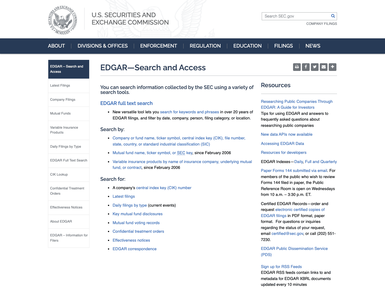 Screenshot of SEC EDGAR Website