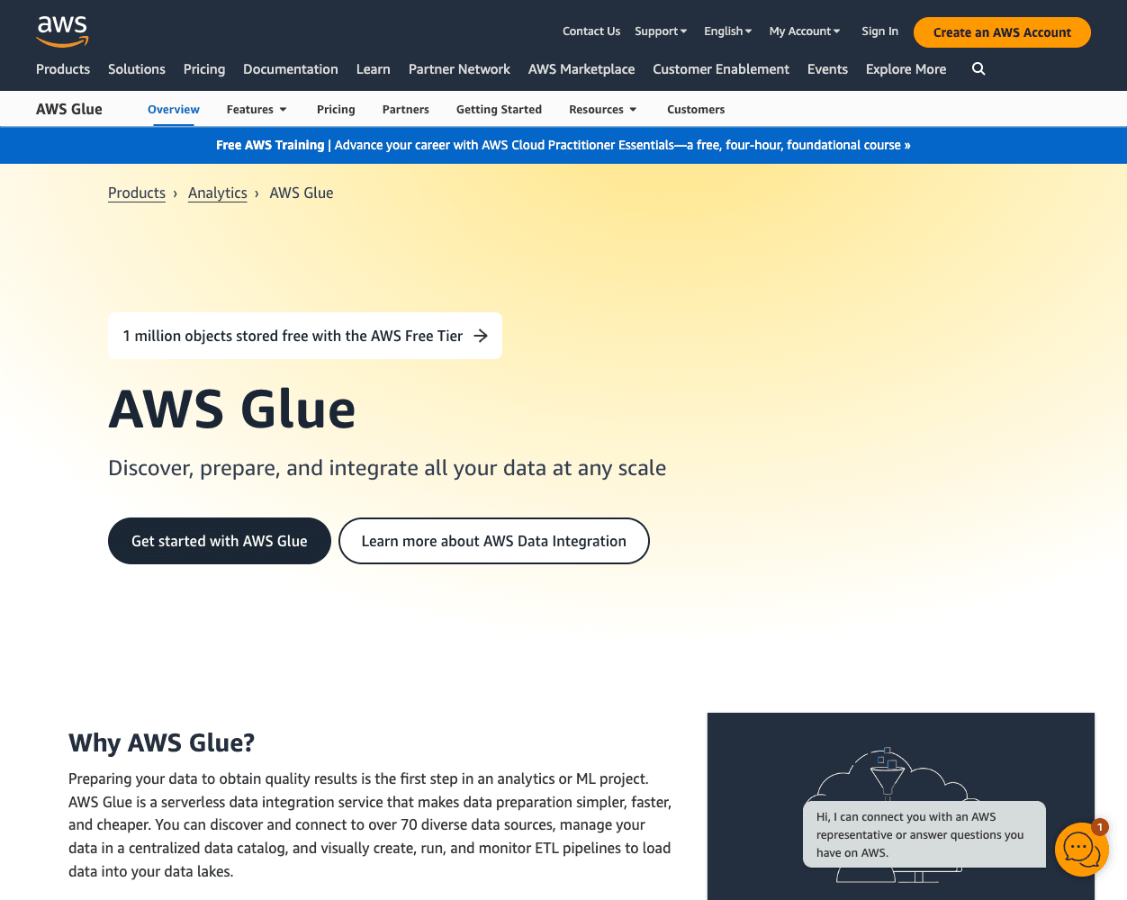 Screenshot of AWS Glue Website